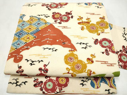 平和屋着物●九寸名古屋帯　型染め　雪輪枝梅文　鬼しぼ縮緬　正絹　逸品　CABM6005hy