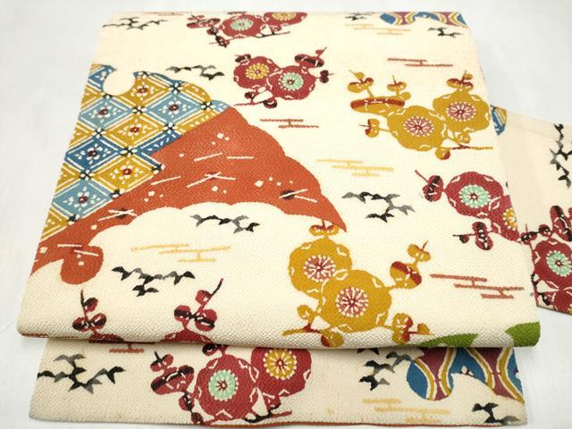 平和屋着物●九寸名古屋帯　型染め　雪輪枝梅文　鬼しぼ縮緬　正絹　逸品　CABM6005hy
