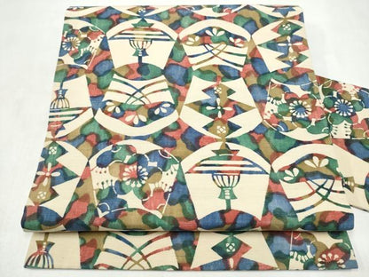 平和屋着物●全通柄　九寸名古屋帯　紬地　型染め　梅松幾何学文様　正絹　逸品　CABM6009hy