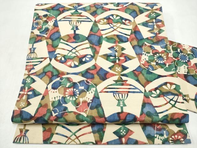 平和屋着物●全通柄　九寸名古屋帯　紬地　型染め　梅松幾何学文様　正絹　逸品　CABM6009hy
