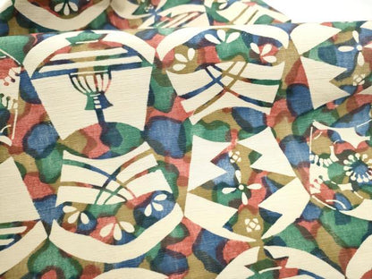 平和屋着物●全通柄　九寸名古屋帯　紬地　型染め　梅松幾何学文様　正絹　逸品　CABM6009hy