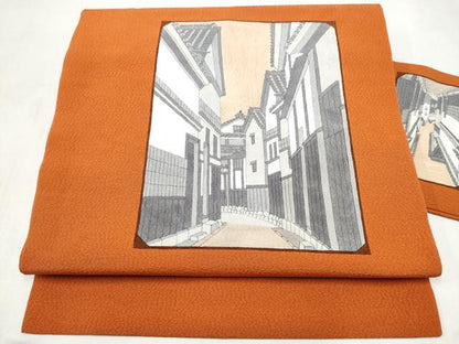 平和屋着物●九寸名古屋帯　風景文　正絹　逸品　CABM6010hy
