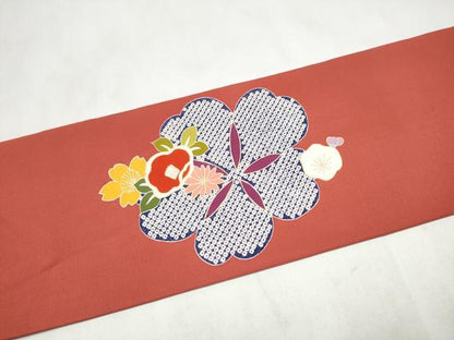 平和屋着物●塩瀬　九寸名古屋帯　草花文　金彩　正絹　逸品　CABM6012hy