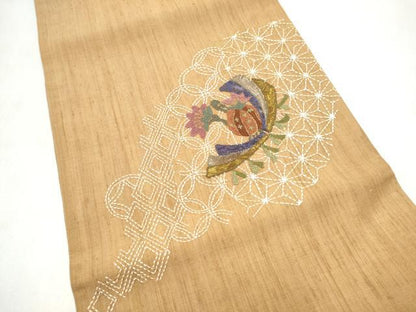 平和屋着物●中国三大刺繍　相良刺繍　総刺繍　太鼓柄袋帯　紬地　刺し子　吉祥花文　正絹　逸品　CABM6038hy