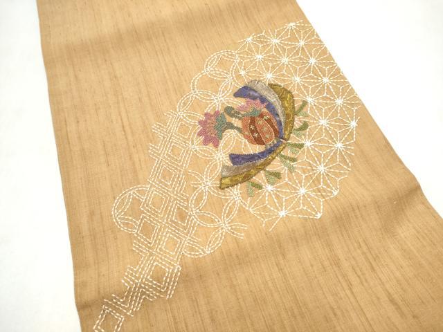 平和屋着物●中国三大刺繍　相良刺繍　総刺繍　太鼓柄袋帯　紬地　刺し子　吉祥花文　正絹　逸品　CABM6038hy