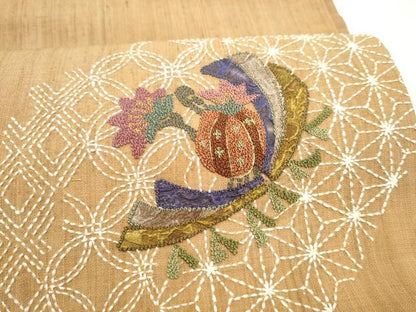 平和屋着物●中国三大刺繍　相良刺繍　総刺繍　太鼓柄袋帯　紬地　刺し子　吉祥花文　正絹　逸品　CABM6038hy