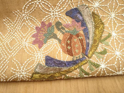 平和屋着物●中国三大刺繍　相良刺繍　総刺繍　太鼓柄袋帯　紬地　刺し子　吉祥花文　正絹　逸品　CABM6038hy
