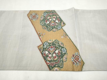 平和屋着物●明綴れ　太鼓柄袋帯　向かい鳥正倉院花文　金糸　正絹　逸品　CABM6056hy
