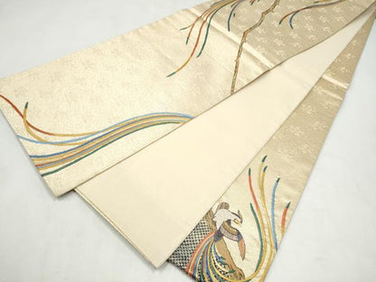 平和屋着物●人間国宝　五代　田畑喜八　六通柄袋帯　刺繍　休み鳥　金糸　正絹　逸品　CABM6066hy