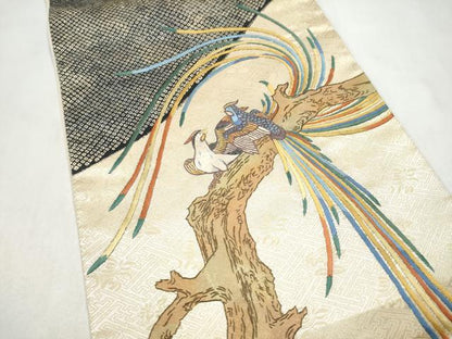 平和屋着物●人間国宝　五代　田畑喜八　六通柄袋帯　刺繍　休み鳥　金糸　正絹　逸品　CABM6066hy