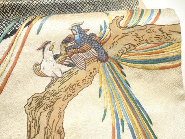 平和屋着物●人間国宝　五代　田畑喜八　六通柄袋帯　刺繍　休み鳥　金糸　正絹　逸品　CABM6066hy