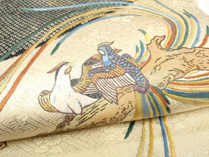 平和屋着物●人間国宝　五代　田畑喜八　六通柄袋帯　刺繍　休み鳥　金糸　正絹　逸品　CABM6066hy