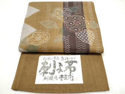 平和屋着物●手染屋　吉兵衛　六通柄袋帯　真綿紬　刺し子　椿　正絹　逸品　未使用　CABM6069hy