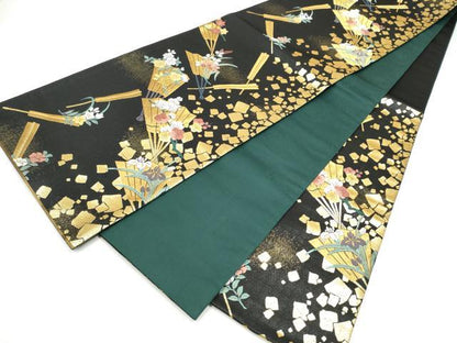 平和屋着物●染色作家　草野一騎　六通柄袋帯　桧扇草花文　黒地　金糸　正絹　逸品　CABM6073hy