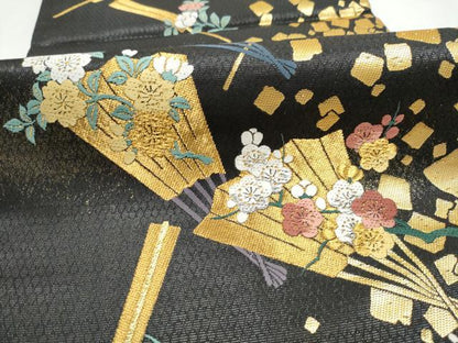 平和屋着物●染色作家　草野一騎　六通柄袋帯　桧扇草花文　黒地　金糸　正絹　逸品　CABM6073hy