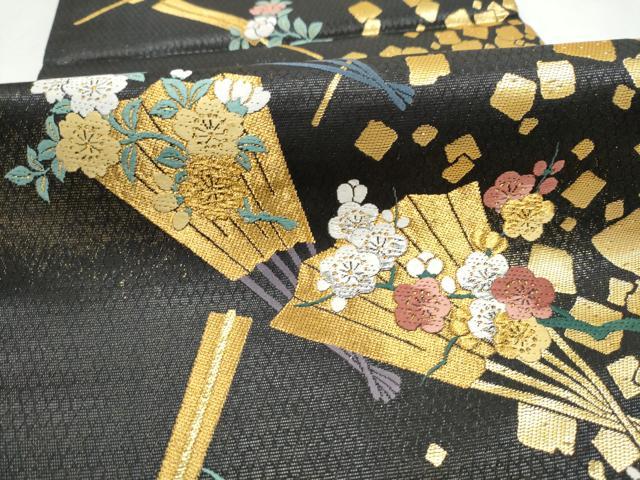 平和屋着物●染色作家　草野一騎　六通柄袋帯　桧扇草花文　黒地　金糸　正絹　逸品　CABM6073hy