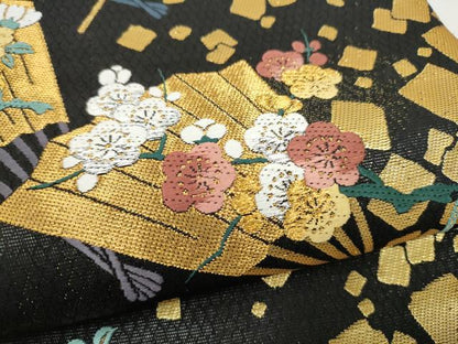 平和屋着物●染色作家　草野一騎　六通柄袋帯　桧扇草花文　黒地　金糸　正絹　逸品　CABM6073hy