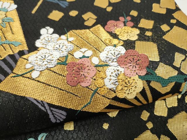 平和屋着物●染色作家　草野一騎　六通柄袋帯　桧扇草花文　黒地　金糸　正絹　逸品　CABM6073hy
