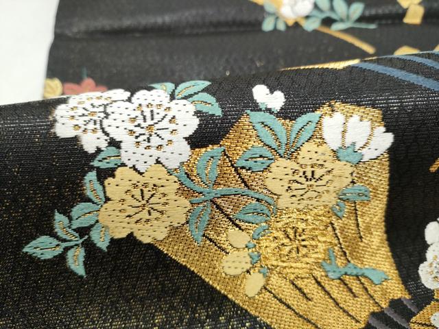 平和屋着物●染色作家　草野一騎　六通柄袋帯　桧扇草花文　黒地　金糸　正絹　逸品　CABM6073hy