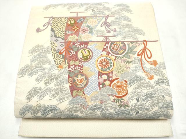 平和屋着物●中国人間国宝　将雪英　太鼓柄袋帯　総刺繍　蘇州刺繍　綴れ　几帳草花文　金糸　正絹　逸品　CABM6077hy