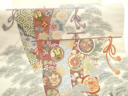 平和屋着物●中国人間国宝　将雪英　太鼓柄袋帯　総刺繍　蘇州刺繍　綴れ　几帳草花文　金糸　正絹　逸品　CABM6077hy