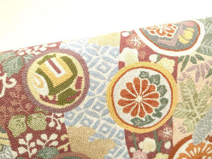 平和屋着物●中国人間国宝　将雪英　太鼓柄袋帯　総刺繍　蘇州刺繍　綴れ　几帳草花文　金糸　正絹　逸品　CABM6077hy