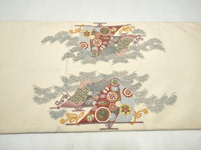 平和屋着物●中国人間国宝　将雪英　太鼓柄袋帯　総刺繍　蘇州刺繍　綴れ　几帳草花文　金糸　正絹　逸品　CABM6077hy