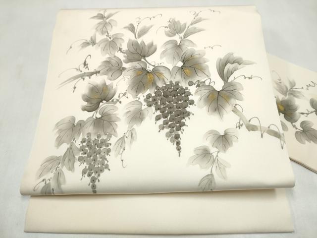 平和屋着物●内山晴祥　手描き　塩瀬　九寸名古屋帯　葡萄蔦の葉文　金糸　正絹　逸品　CABM6097hy