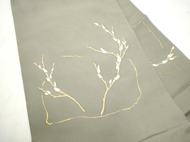 平和屋着物●塩瀬　九寸名古屋帯　駒刺繍　枝葉文　金彩　正絹　逸品　CABM6103hy