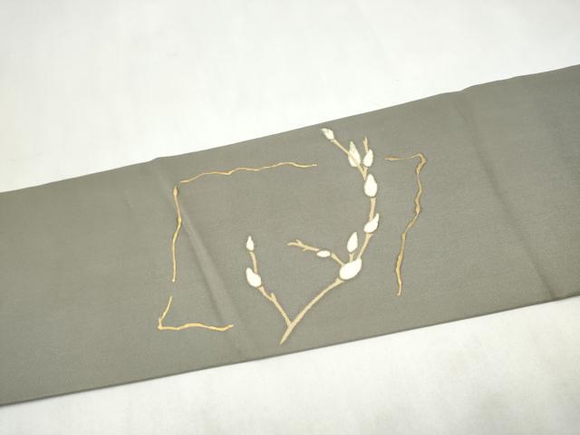 平和屋着物●塩瀬　九寸名古屋帯　駒刺繍　枝葉文　金彩　正絹　逸品　CABM6103hy
