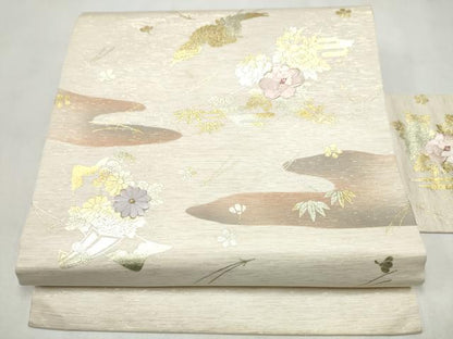 平和屋着物●九寸名古屋帯　刺繍　飛鶴草花文　金彩　正絹　逸品　CABM6104hy