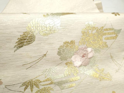 平和屋着物●九寸名古屋帯　刺繍　飛鶴草花文　金彩　正絹　逸品　CABM6104hy