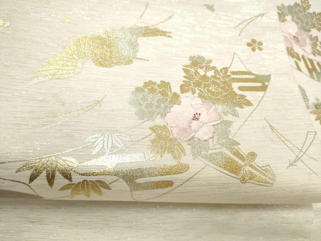 平和屋着物●九寸名古屋帯　刺繍　飛鶴草花文　金彩　正絹　逸品　CABM6104hy