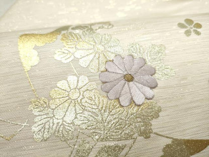 平和屋着物●九寸名古屋帯　刺繍　飛鶴草花文　金彩　正絹　逸品　CABM6104hy