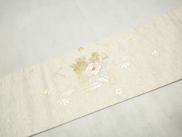 平和屋着物●九寸名古屋帯　刺繍　飛鶴草花文　金彩　正絹　逸品　CABM6104hy