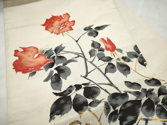 平和屋着物●アンティーク　大正ロマン　九寸名古屋帯　枝花文　金糸　正絹　逸品　CABM6176hy