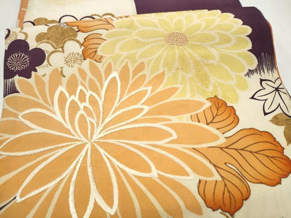 平和屋着物●アンティーク　大正ロマン　両面　全通柄　京袋帯　刺繍　乱菊　桧扇　金彩　正絹　逸品　CABM6177hy