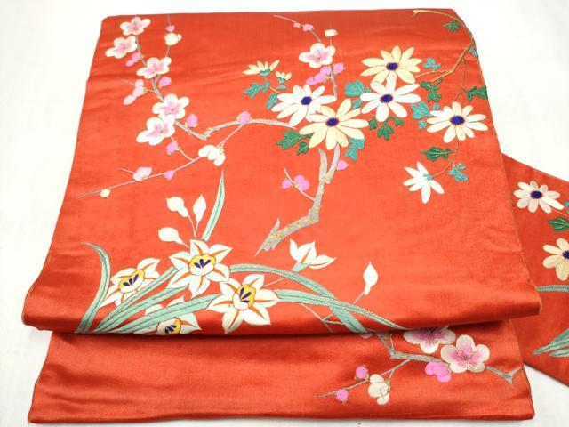 平和屋着物●アンティーク　大正ロマン　九寸名古屋帯　総手刺繍　枝花文　金糸　正絹　逸品　CABM6180hy