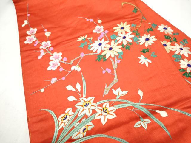 平和屋着物●アンティーク　大正ロマン　九寸名古屋帯　総手刺繍　枝花文　金糸　正絹　逸品　CABM6180hy
