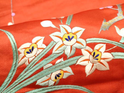 平和屋着物●アンティーク　大正ロマン　九寸名古屋帯　総手刺繍　枝花文　金糸　正絹　逸品　CABM6180hy