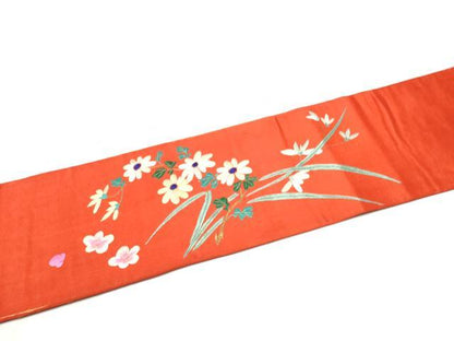 平和屋着物●アンティーク　大正ロマン　九寸名古屋帯　総手刺繍　枝花文　金糸　正絹　逸品　CABM6180hy