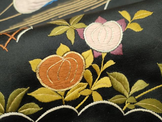 平和屋着物●アンティーク　大正ロマン　九寸名古屋帯　総手刺繍　草花文　黒地　金糸　正絹　逸品　CABM6182hy