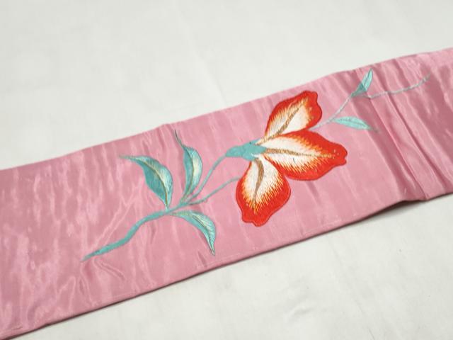 平和屋着物●アンティーク　大正ロマン　九寸名古屋帯　総手刺繍　枝花文　金糸　正絹　逸品　CABM6185hy