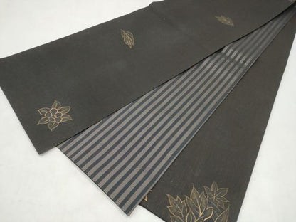 平和屋着物●両面　六通柄袋帯　紬地　草花文　金糸　正絹　逸品　CABM6208hy