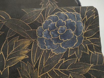 平和屋着物●両面　六通柄袋帯　紬地　草花文　金糸　正絹　逸品　CABM6208hy