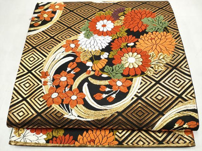 平和屋着物●西陣　河合美術織物謹製　六通柄袋帯　唐織　草花丸文　黒地　金糸　正絹　逸品　CABM6213hy