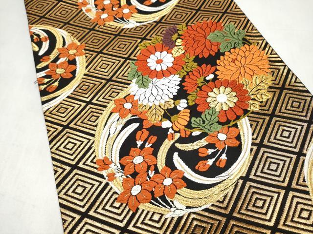 平和屋着物●西陣　河合美術織物謹製　六通柄袋帯　唐織　草花丸文　黒地　金糸　正絹　逸品　CABM6213hy