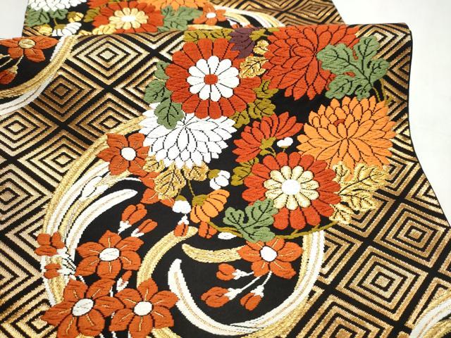 平和屋着物●西陣　河合美術織物謹製　六通柄袋帯　唐織　草花丸文　黒地　金糸　正絹　逸品　CABM6213hy