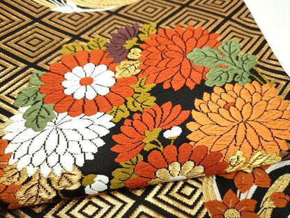 平和屋着物●西陣　河合美術織物謹製　六通柄袋帯　唐織　草花丸文　黒地　金糸　正絹　逸品　CABM6213hy