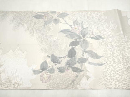 平和屋着物●手描友禅女流作家　一色生子　太鼓柄袋帯　枝椿　銀糸　正絹　逸品　CABM6214hy